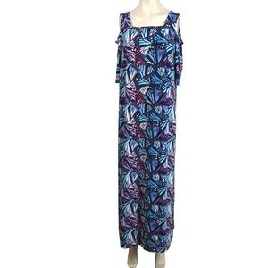 Roamans Butterfly Wing Print Cold Shoulder Maxi Dress Blue Purple Womens 14/16 M